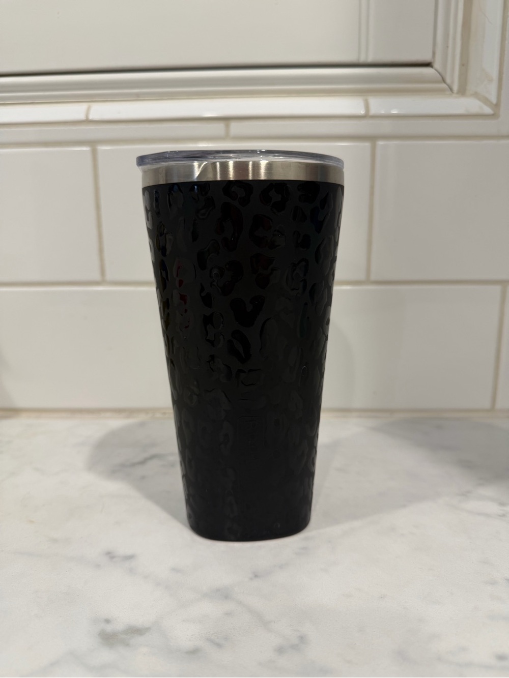Brumate Insulated Black Leopard-Embossed Travel Tumbler with Clear Lid